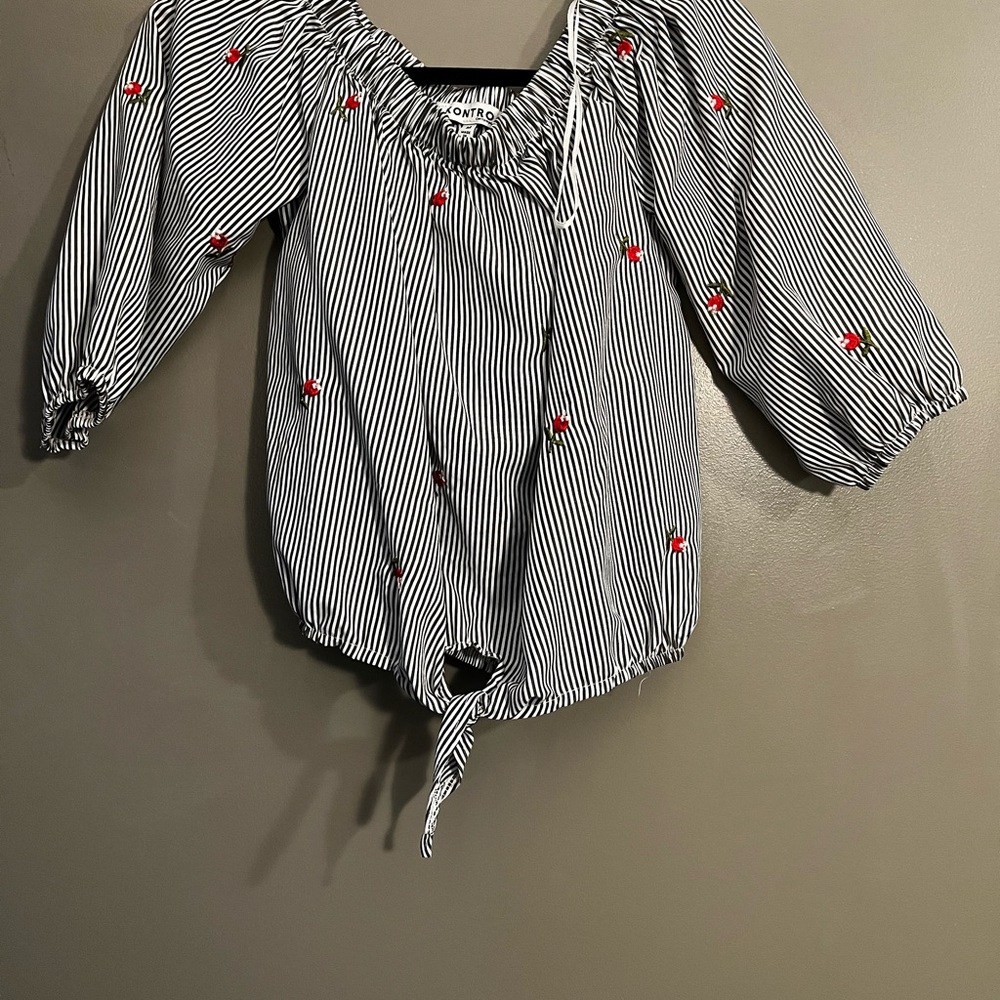Striped Blouse with Red Floral Accents